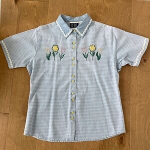 Bill Blass Vintage Gingham Floral Embroidered Short Sleeve Shirt Blue White L